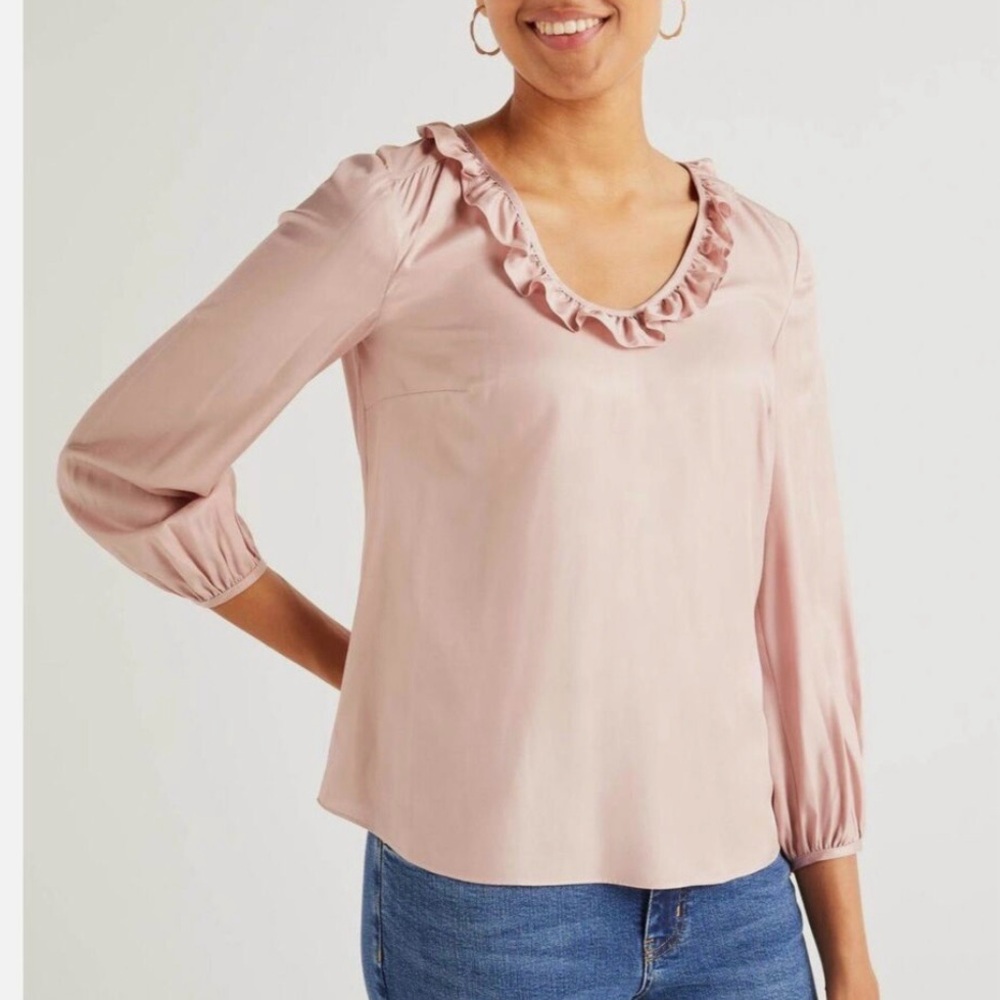 Boden Pink Ruffle Scoop Neck Blouse